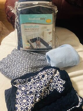 Mesh Crib Liner Navy Blue, Matching Blanket, Crib Sheet & extra flannel